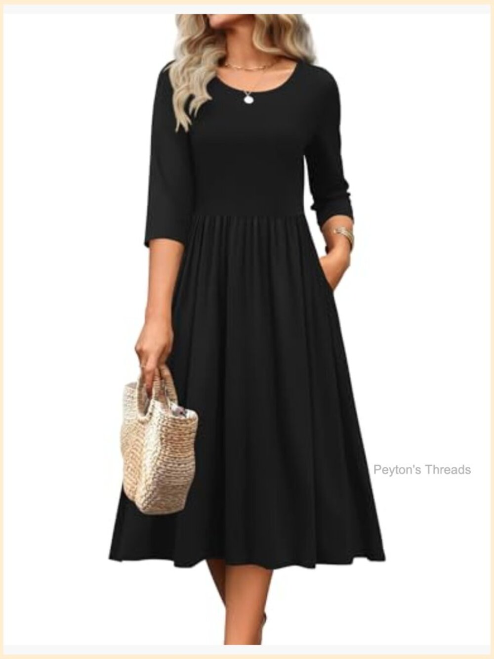 3/4 Sleeve Midi Dress with Pockets, Crewneck, A-Line Flowy Tshirt Dress, Soft - Picture 2 of 7